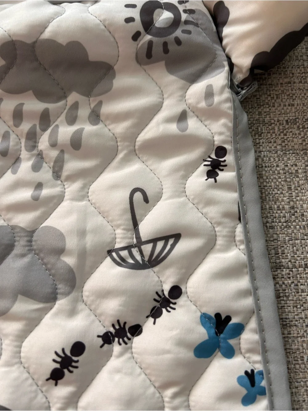 Gold Bug Quilted Hooded Baby One-Piece in Gray and Blue Car Seat/Carrier  Insert